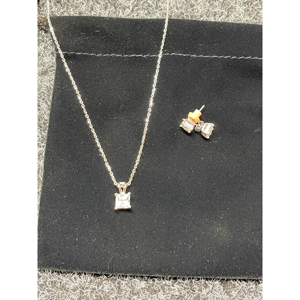 925 Sterling Silver Princess Cut CZ Solitaire Necklace and Stud Earring Set